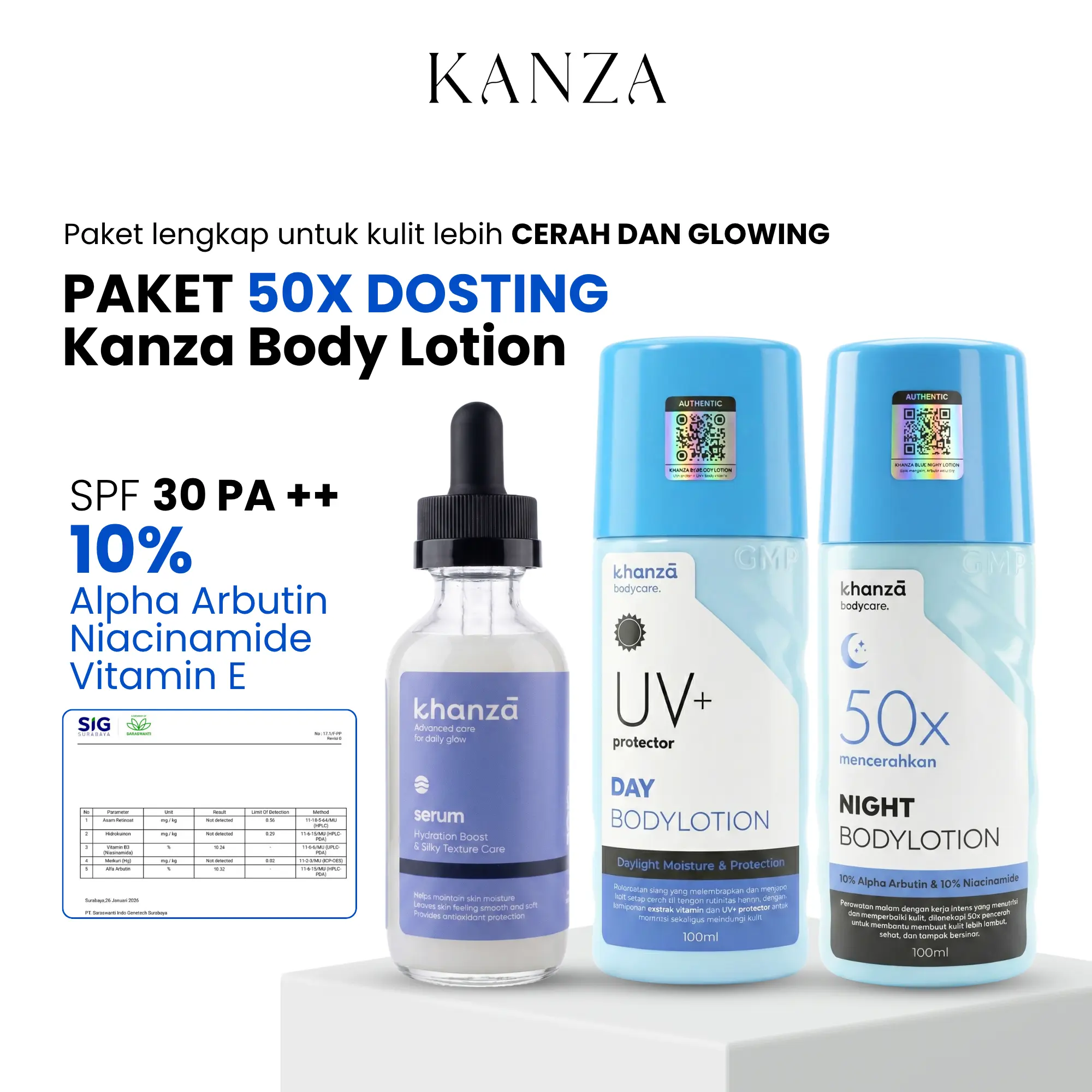 Kanza Lotion 50x Dosting 10% Alpha Arbutin SPF 30 PA++ Paket HB Pemutih Premium BPOM | Kulit Cerah Merata Lebih Cepat