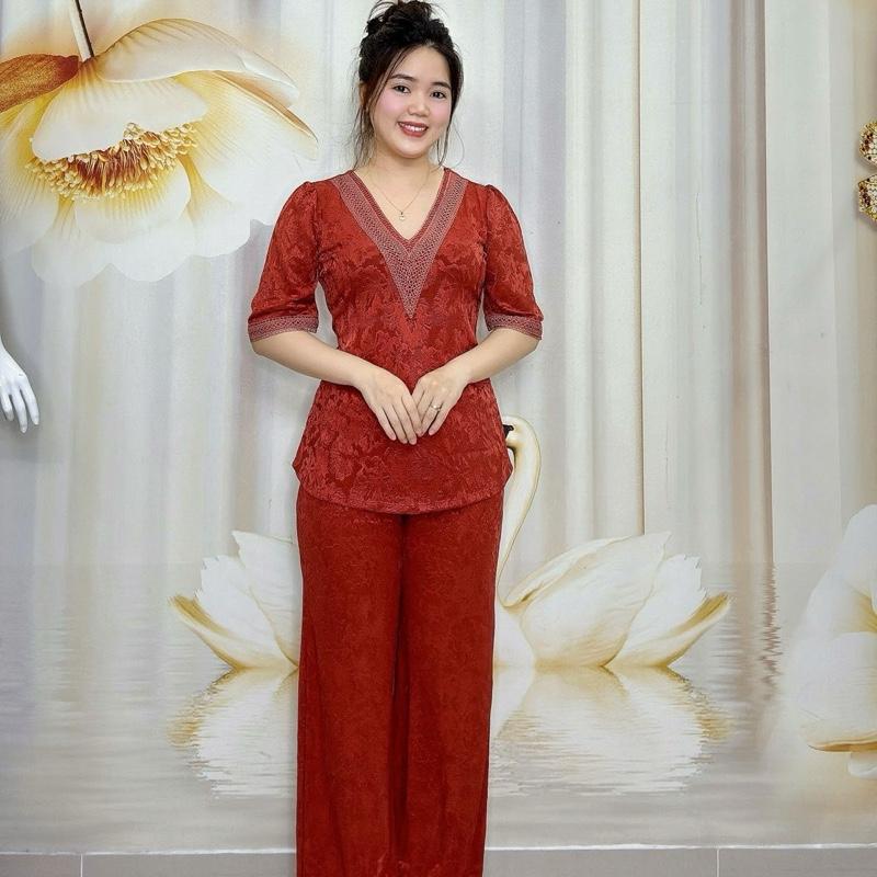 B57 Đồ bộ bông thun gấm nữ trung niên thiết kế cổ tim ren, tay lỡ quần ống suông thương hiệu Hải Sơn women