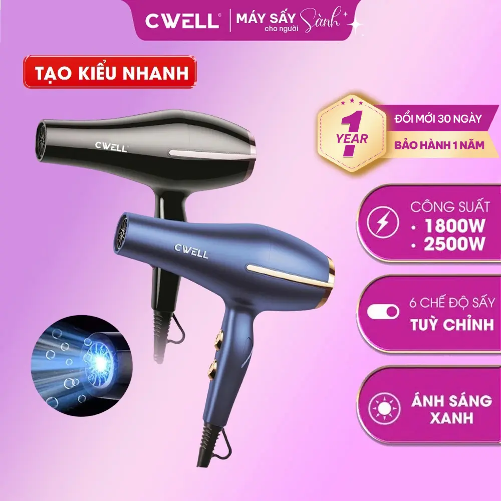 Máy sấy tóc CWELL tạo kiểu công suất lớn, thiết kế 6 chế độ sấy kép, ánh sáng xanh, sấy đa dạng 1800W-2500, dùng tại nhà cho nam & nữ C03HD - BH 12 THÁNG