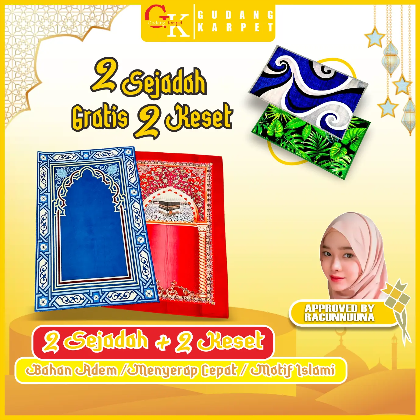 (PAKET RAMADAN EKSTRA SERU) Sajadah Turki Tanpa Rumbai  BONUS 2 Keset Sejadah Traveling Sajadah JUMBO UK 60x110CM