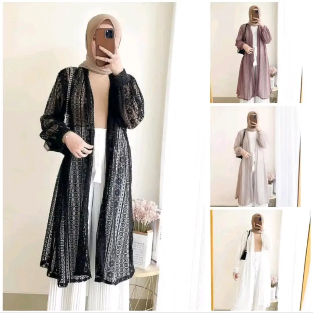 Outer Long Cardigan Brukat Premium Burkat Borkat Panjang Lengan Balon Baju Kondangan Wanita  Muslim Atasan Kardigan Hitam