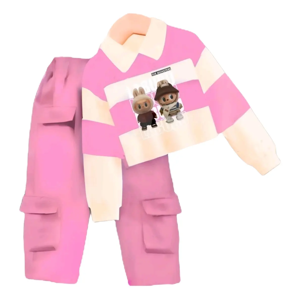 Baju labubu anak perempuan kerah motif strip dua warna setelan celana jogor usia 3-12 tahun Fashion