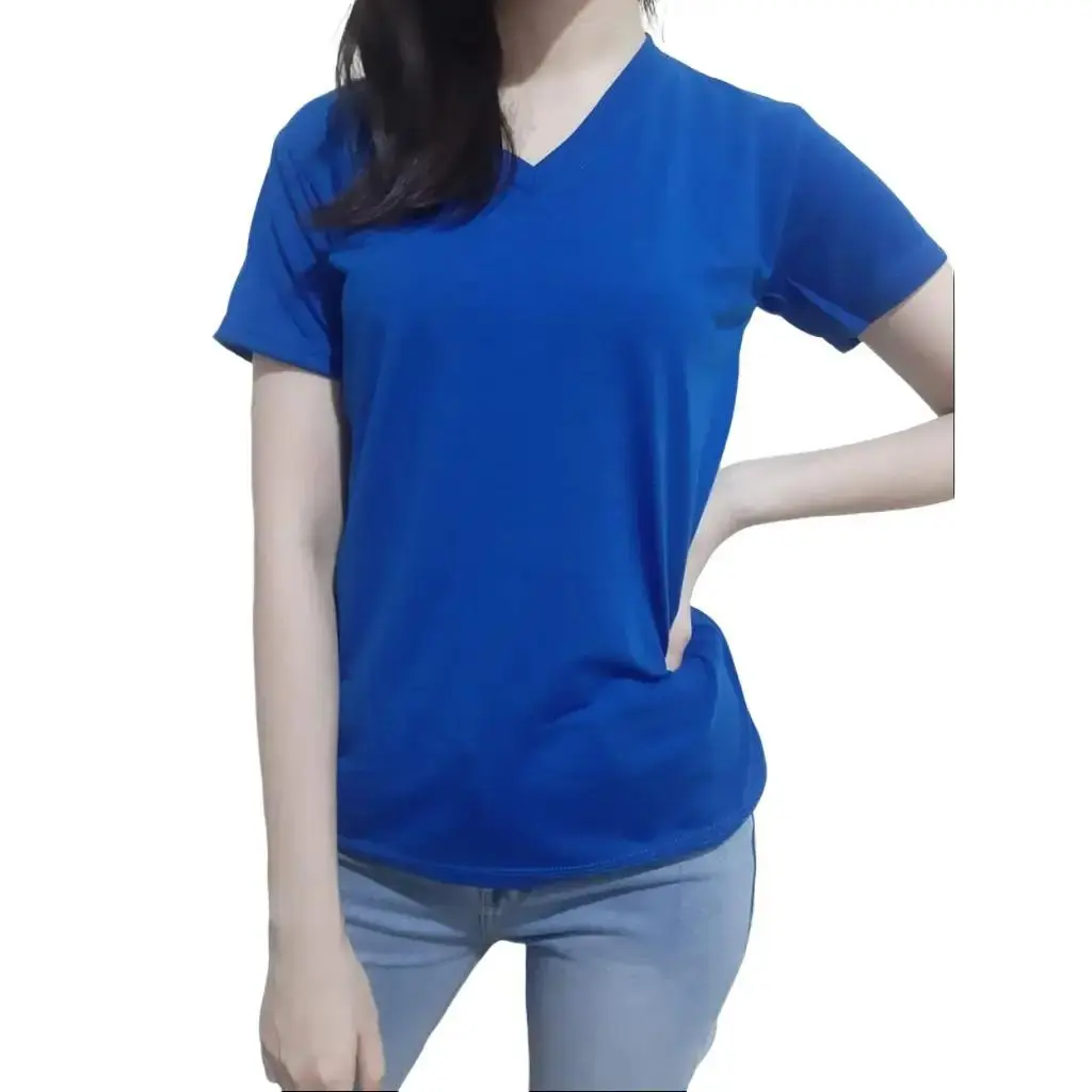 Atasan Kaos Spandek Polos Wanita Lengan Pendek V-neck Biru