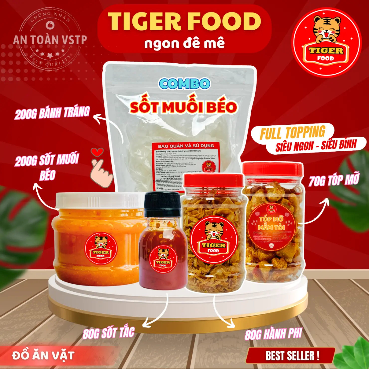 Bánh Tráng Muối Béo Tiger Food Bánh Tráng Phơi Sương Sốt Muối Béo + Tóp Mỡ + Hành Phi + Sốt Tắc Full Topping Siêu Ngon