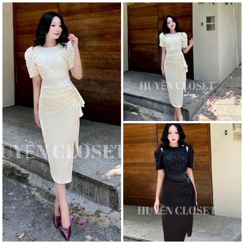  Đầm body .chất ren hoa phối chất phi lụa nhún hông tôn dáng   CÓ BIGSIZE  Dress vay dep 2xl váy dự tiệc đầm  body Nữ Voi Women Kem 