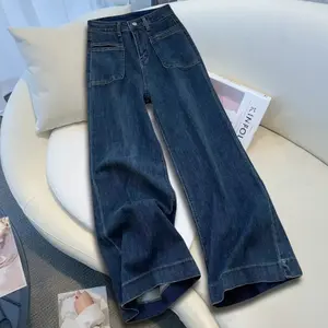 Blue High waist Celana Jeans Wanita Korean Style Baggy Straight Wide Leg Pants