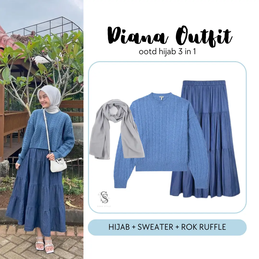 Ootd 3in1 Daily Hijab Casual Denim [Hijab Segi Empat, Sweater Cable, Rok Ruffle] Diana Outfit SS31