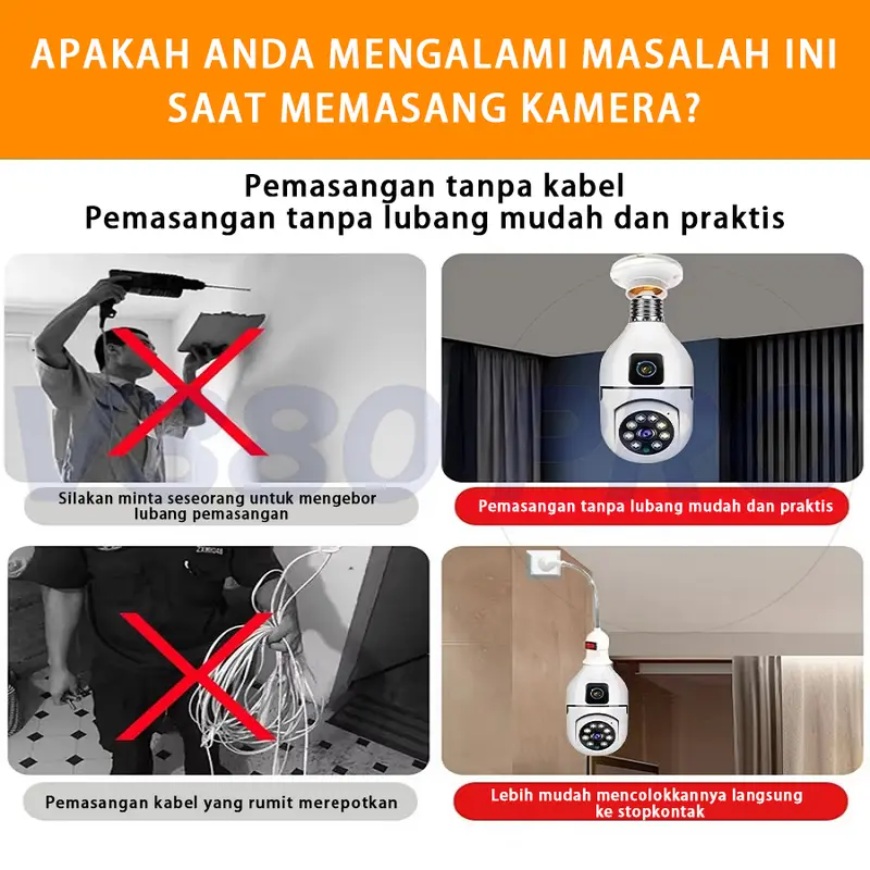 V380 Pro Kamera CCTV Bohlam Lensa Ganda Jarak Jauh 1080P WiFi Wireless CCTV Camera Night Vision PTZ 1