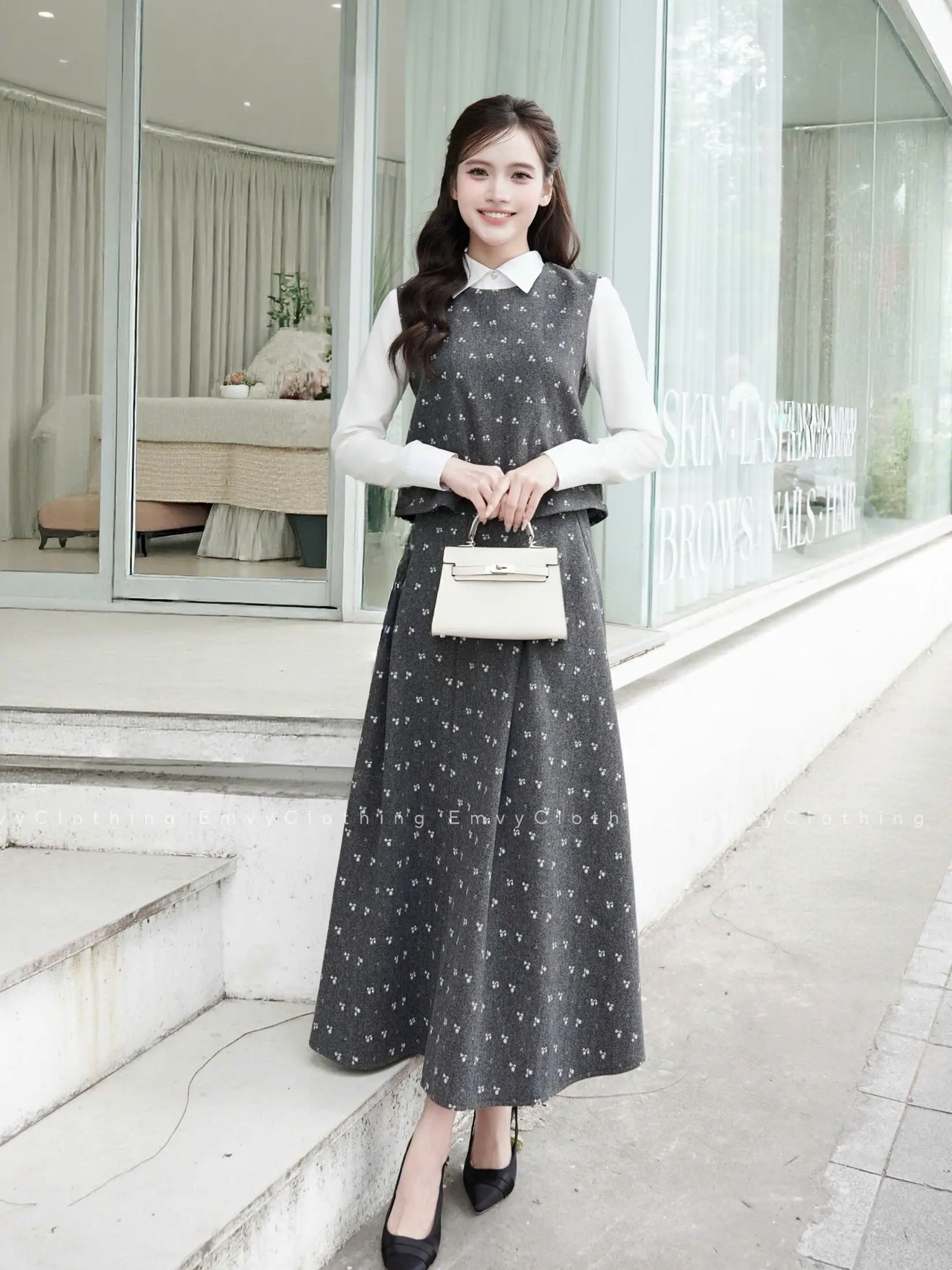 EV111-EmvyClothing Set bộ nhiều chi tiết chất dạ ép in hoa nhí thanh lịch tiểu thư nhiều chi tiết tinh tế chất liệu dạ ép mềm mại in hoa nhí thanh lịch phù hợp cho nhiều dịp | BigBuy360 - bigbuy360.vn