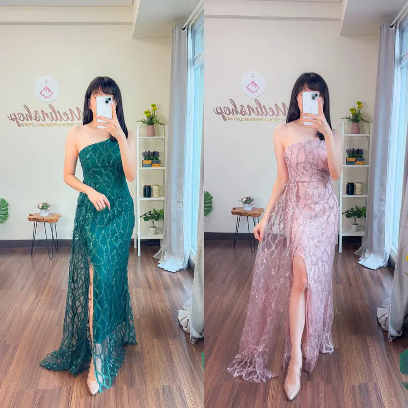 Lace Fur Glitter One Shoulder Dress Wanita Evening Formal 0