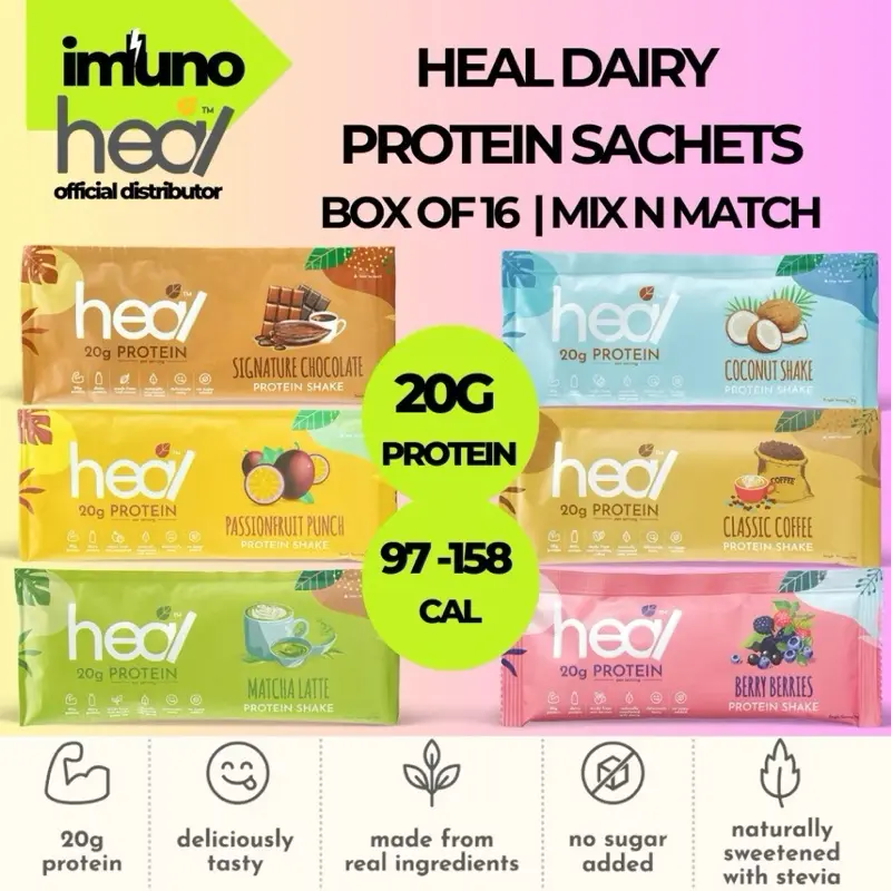 [Imuno] Heal DAIRY Protein powder sachets 20g protein, Low Cal, (Halal, Box of 16, Mix n Match)