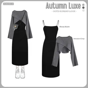 Setelan Wanita Autumn / Dress Knitt / Sweater Crop / Oneset Korean Look / Ootd Simple / Outfit Cewek Panjang Tebal Kombinasi Jumpsuit