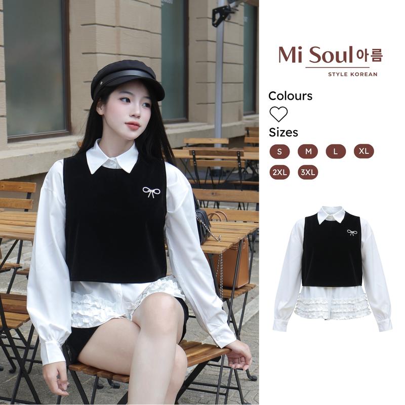  Áo Sơ Mi Tặng Kèm Gile Nhung Tag Nơ Đá Lấp Lánh 496 MiSoul Sơ Mi Trắng Gấu Bèo Phối Gile Croptop Dáng Babydoll 