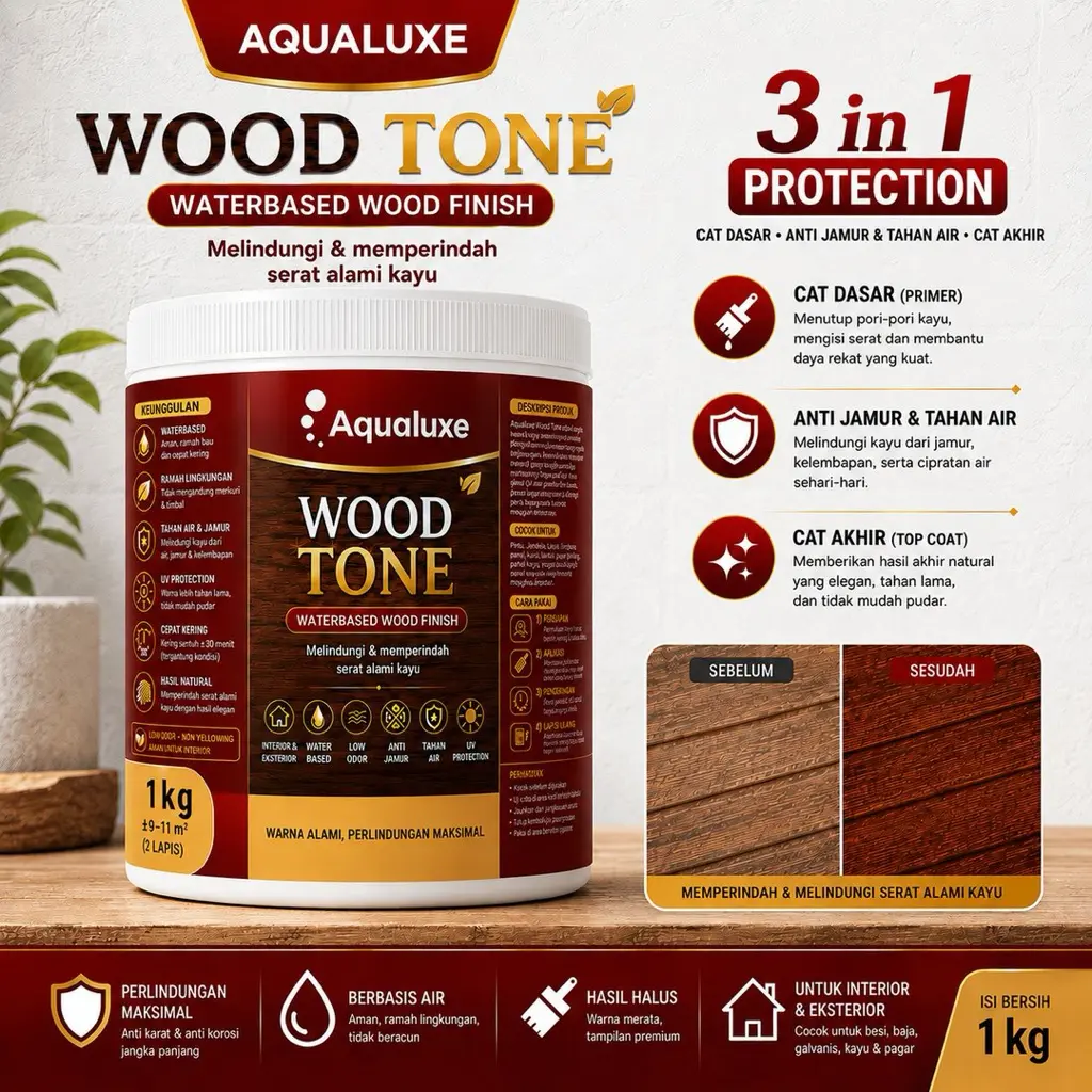 Aqualuxe Wood Tone 1kg Pernis Kayu Waterbased Warna Kayu Natural Tahan Lama