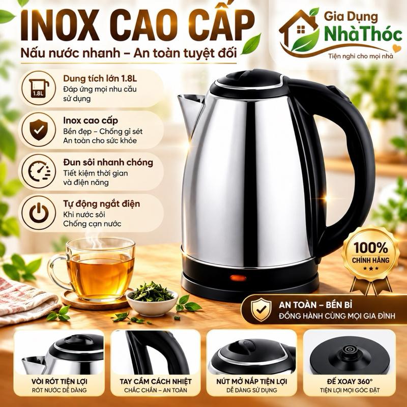 (Có Bảo Hành) Ấm Đun Nước Siêu Tốc 1.8L Chất Liệu INOX Cao Cấp Sôi Nhanh Tiết Kiệm Điện( Hàng Tốt)
