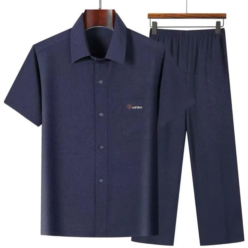  Đơn giản đủ màu sắc bộ trung niên nam Bộ đồ cổ bẻ màu sắc nhã nhặn chất liệu thô đũi mộc nhẹ mát Bộ đồ quần dài áo ngắn tay phongc cách thanh lịch món quà tặng bố yêu  Menswear set 