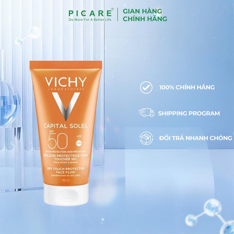  Kem Chống Nắng Không Gây Nhờn Rít Dành Cho Da Hỗn Hợp Dầu Nhạy Cảm Vichy Capital Soleil Dry Touch Face Fluid SPF50+ 50ml Skincare Nữ Women Làm Đẹp Da 