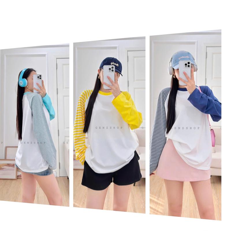  Áo Thun Tay Dài Raglan Phối Sọc Trơn Cá Tính Xinh Đẹp BST 25 