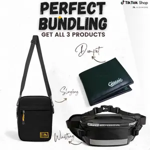 Highmore Perfect Bundling Tas Selempang Pria Tali Bisa Diatur Bonus Dompet Slingbag Kanvas  Waistbag Hitam
