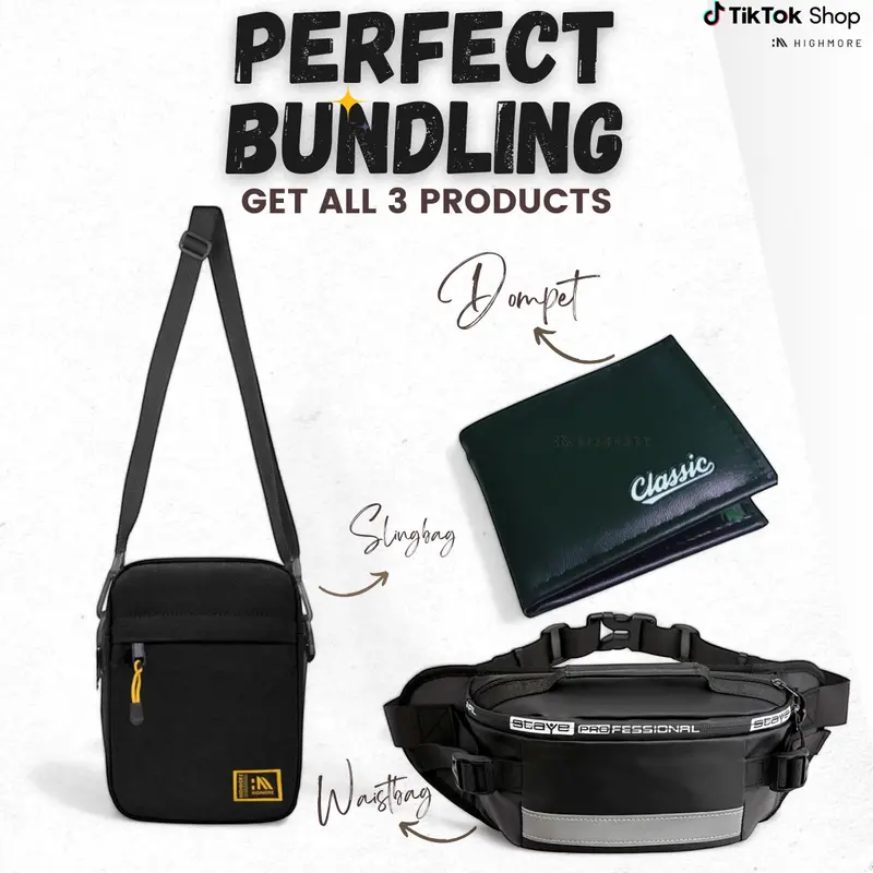Highmore Perfect Bundling Tas Selempang Pria Tali Bisa Diatur Bonus Dompet Slingbag Kanvas  Waistbag Hitam 0
