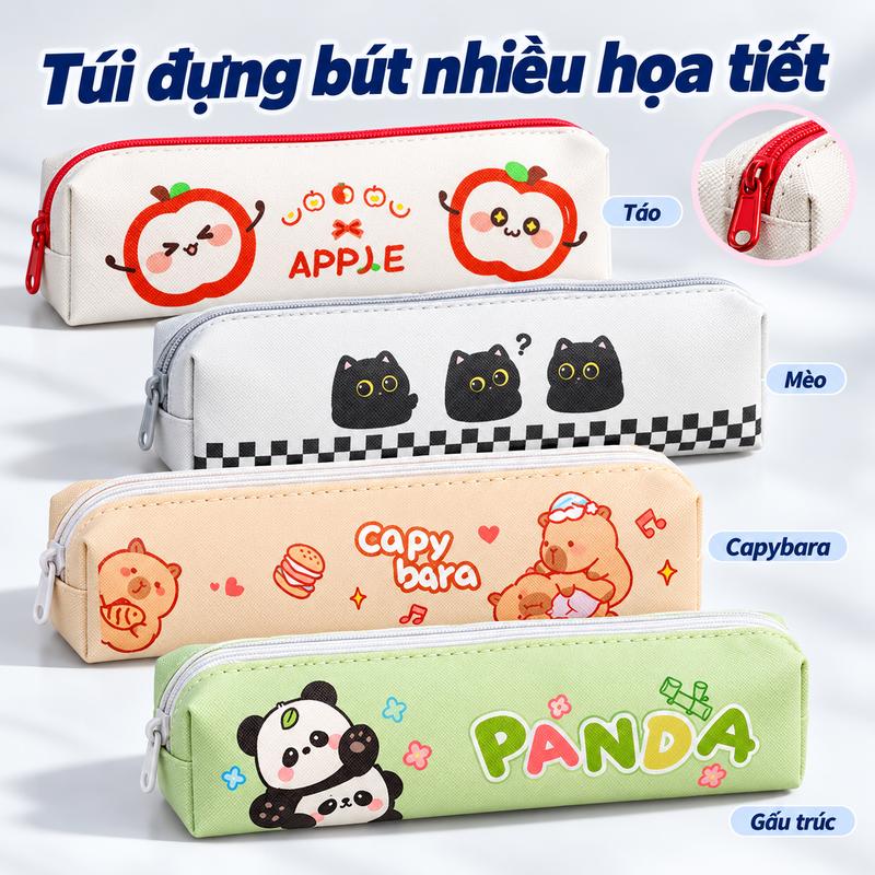 Túi Đựng Bút Họa Tiết Capybara, Gấu Trúc, Mèo, Thỏ Và Táo Dễ Thương, Dáng Chữ Nhật Có Khóa Kéo Cho Học Sinh Sinh Viên