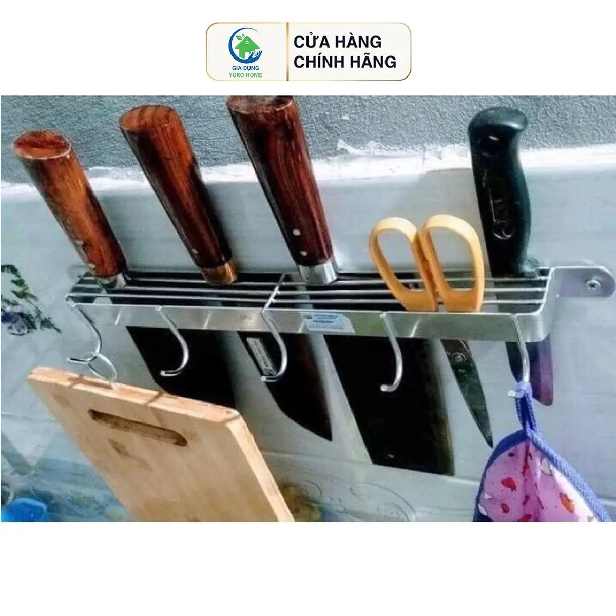 Kệ cài dao thớt bằng inox kèm móc treo đồ tiện dụng và chắc chắn