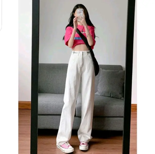 Celana Highwaist Jeans Loose Wanita Kancing 7 - HANGOVER Style Pinggang Dapat Di Sesuaikan Panjang Hitam Cewek Kaki Nyaman Tebal Stretch