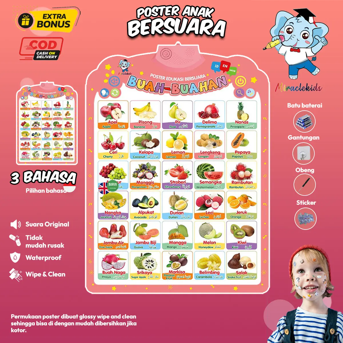 Poster edukasi bersuara miraclekids bermain sambil belajar anak poster suara buah buahan bahasa indonesia inggris english arab