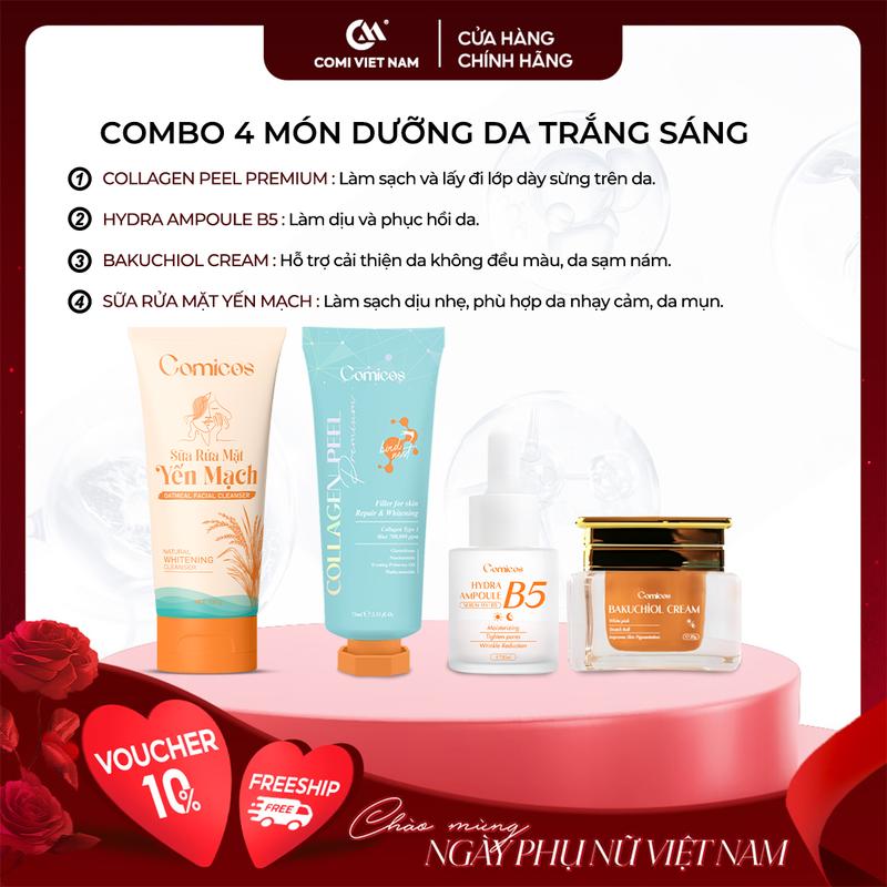 [COMI VIETNAM] Combo 4 Món Chăm Sóc Da Toàn Diện - Sữa Rửa Mặt Yến Mạch 100ml + Peel Collagen 4K 75ml + Serum B5 HA 20ml + Kem Face Huyết Yến Bakuchiol 20g Hỗ Trợ Dưỡng Da Cấp Ẩm Skincare Son Massage