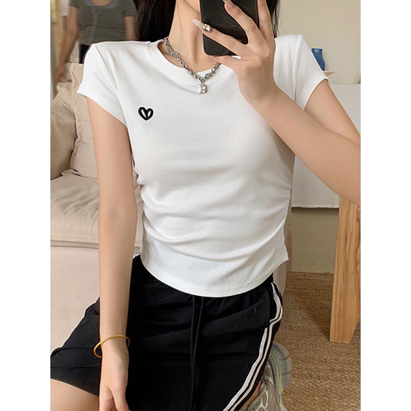 Kaus pendek leher bulat bordir cinta putih atasan seksi fashion wanita gaya Korea Baju Jersey 5