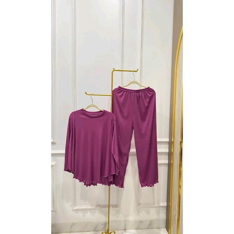 Setelan Rib Knit Wanita Lengan 7/8 Celana Panjang Baju Atasan Polos Formal Dewasa Nyaman 4