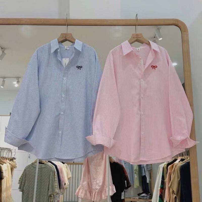 Áo sơ mi nữ thêu nữ form rộng tay lỡ phong cách hàn quốc hottrend - Thêu Nơ