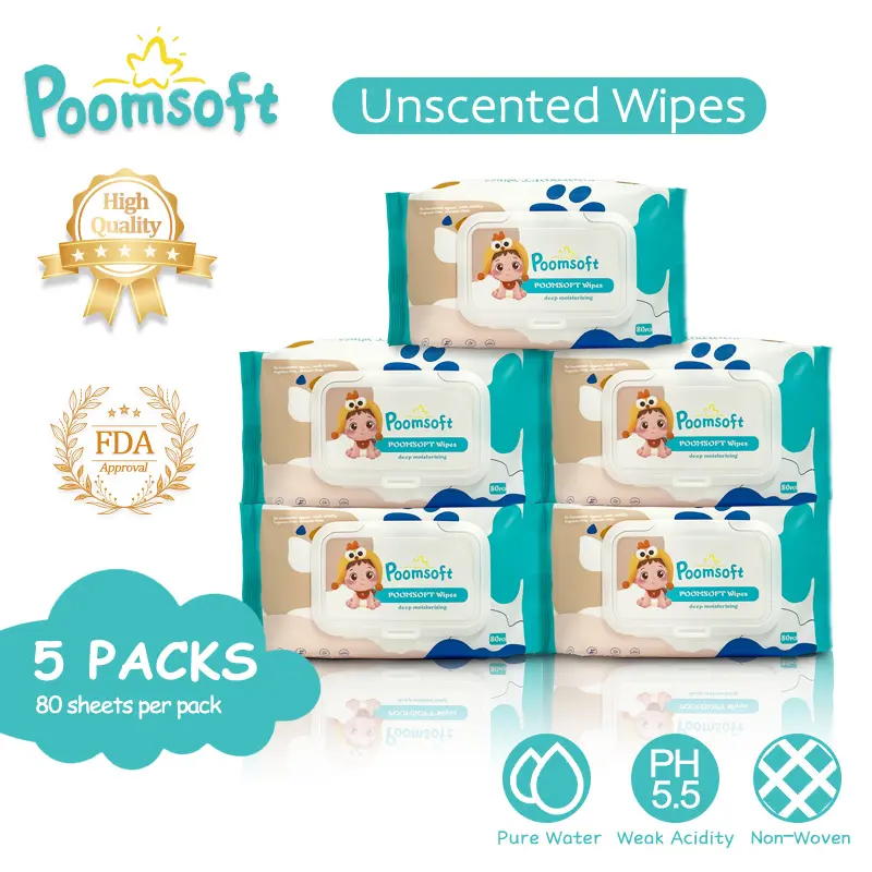 Poomsoft 5 Packs x 80 Sheet Non-Alcohol Unscented Safe For Baby Gentle Wipes Wet Tissue Disposable Cotton Wipes Fragrance Free wipes FDA Approved