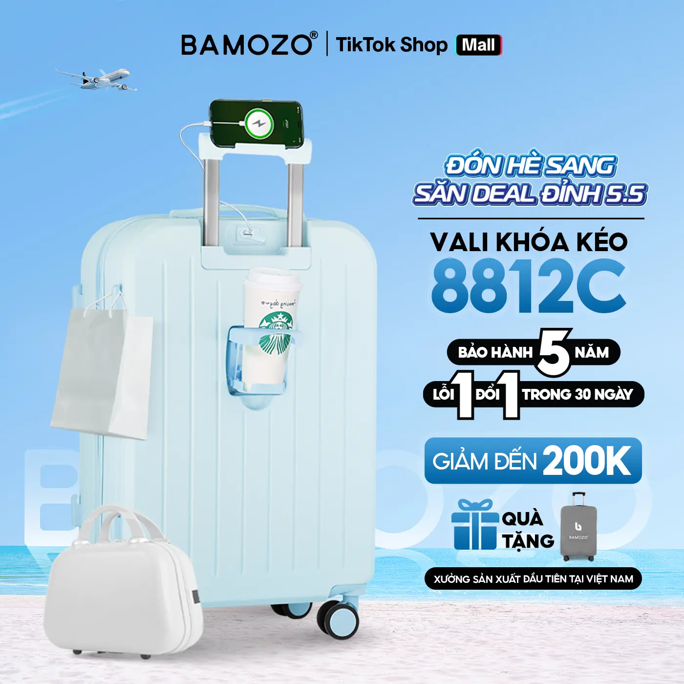 [LIVE] Combo Vali Bamozo 8812 Cao Cấp + Cốp Mỹ Phẩm Size 20/24 Nhựa ABS PC Bền đẹp - Tặng Bọc Vali