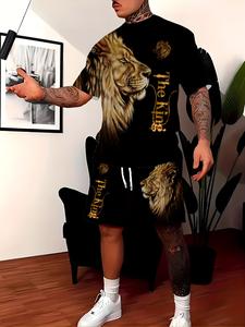 メンズ向けのファッショナブルなカジュアルスポーツウェアセット：3DプリントのクルーネックTシャツと巾着型のショートパンツのセット。 快適で、多用途で、アウトドア活動に適しています。