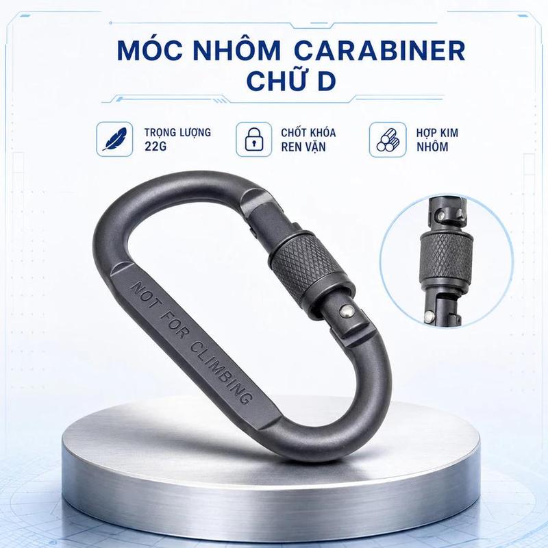 Móc Khóa Nhôm Carabiner Chữ D Có Ren Vặn Chốt, Móc Treo Balo Chìa Khóa Cắm Trại Nhẹ 22g
