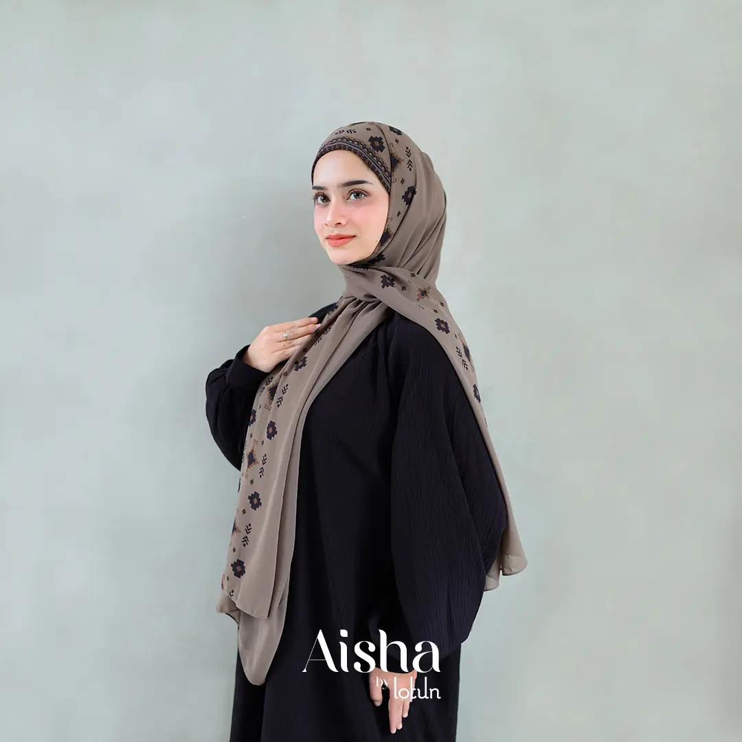Lotun Aisha Series - Hijab Pashmina Instan Printing Motif Etnik Material Premium Simpel Mudah dipakai - Coklat Tua Rayon Ceruti