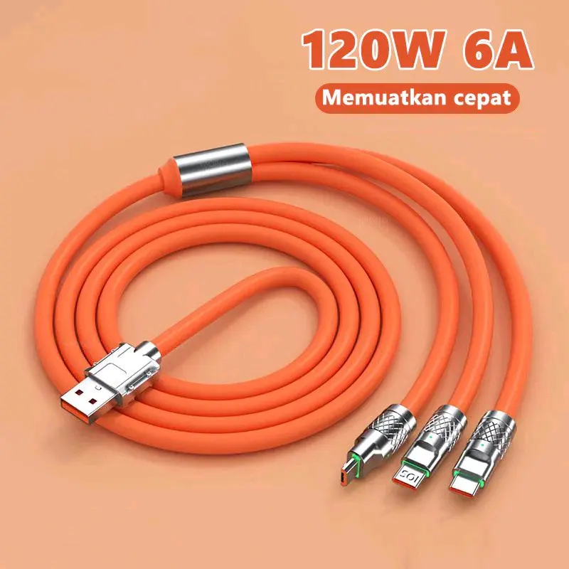 Kabel Cas HP 3in1 120W 6A Fast Charge Cable 3 In 1 For Micro Type-C Lightning Iphone Super Charge USB Zinc Protection Data Kable Charger 6