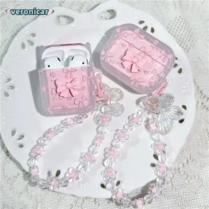 TMJ18 - Casing Airpods Mode TPU Silikon Case Kupu-kupu Bunga Cinta  Untuk AirPods Pro 2 Airpods 3 Airpods 1/2 Earphone Bluetooth Transparan Casing Pita Merah Muda Casing With Lanyard Hp-Ver