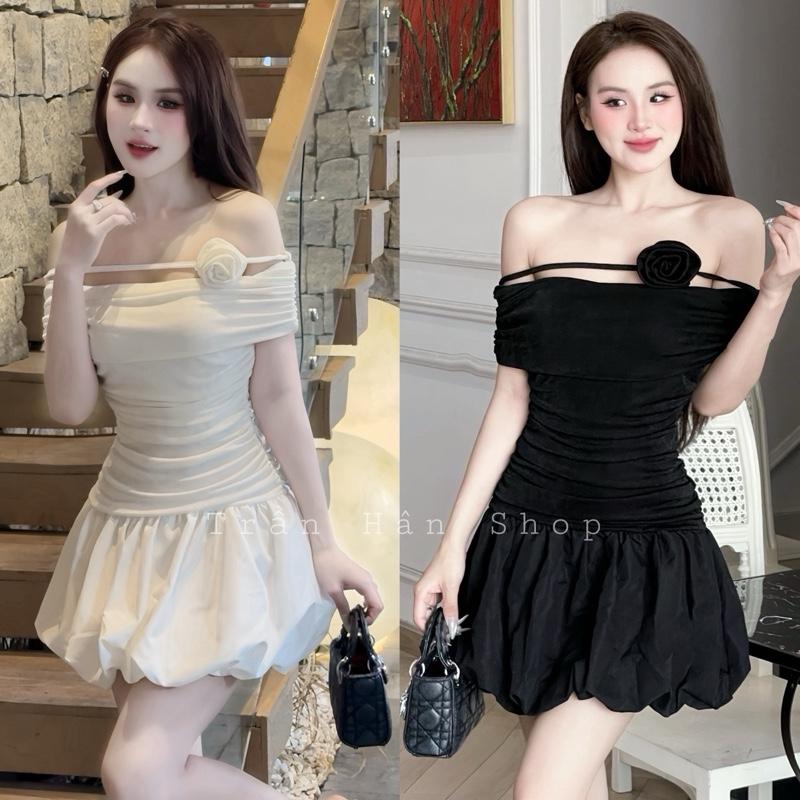 ￼V538 Váy trễ vai kèm dây hoa dáng xoè sang chảnh đầm thiết kế nhún eo đi chơi XL Purple đậm - l đường viền