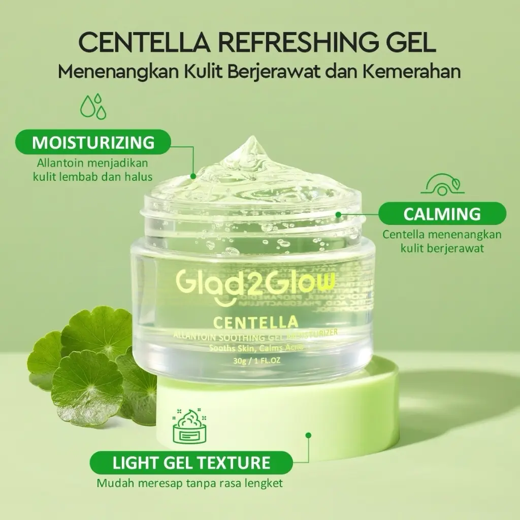 Glad2Glow Centella Allantoin Soothing Gel Moisturizer 30g / 55g Glad2Glow Moisturizer g2g Krim Wajah Pelembab Wajah Centella Moisturizer Acne Facial Cream Day Cream Night Cream Cream Malam Cream Siang Cream Wajah Mois Moist Skincare