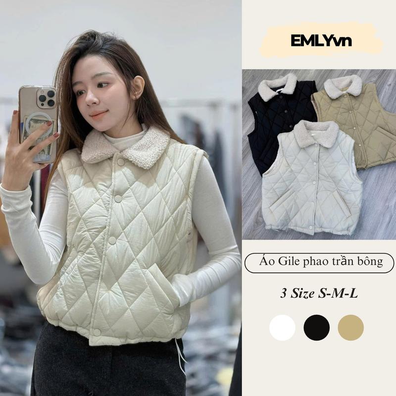 EMLYvn - Áo Khoác Gile Phao Nữ Cổ Lông Trần Bông Cao Cấp, Áo Gile Phao Hàn Quốc Mùa Đông 2025