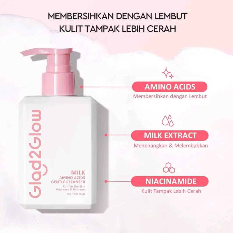 Glad2Glow Milk Amino Acid Gentle Cleanser Face Wash 80ml | Sabun Cuci Muka Pembersih Wajah Facial Cleanser Face Wash Foam Sabun Muka Acne Cleanser Micellar Cleansing g2g cleansermilk untuk chicken skin 2