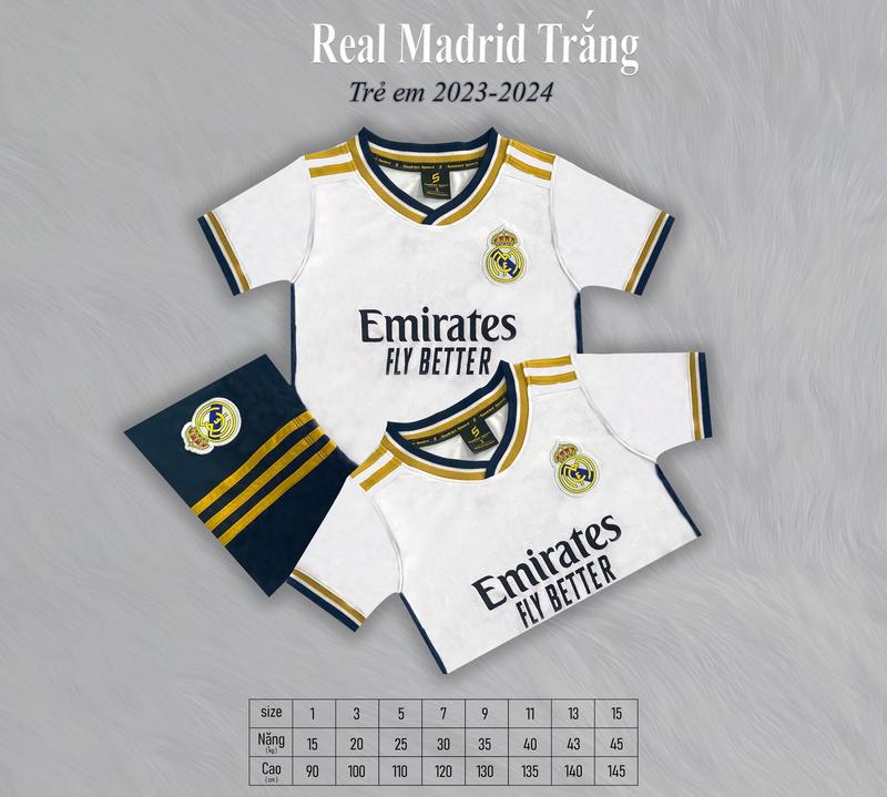 TRẺ EM [Có in Tên-Số] REAL MADRID Trắng 2025  [in Theo Yêu Cầu] . [Tặng Kèm MIỄN PHÍ VỚ Dệt Kim Cao Cấp] Sân Nhà - Vải Thun Lạnh SAO VIỆT - Áo Trắng/Quần Đen - NOBI SPORT - Áo Bóng Đá/Đồ Đá Banh - Nam Nữ Unisex -Thoáng Mát TRANG PHỤC TOP SPORT