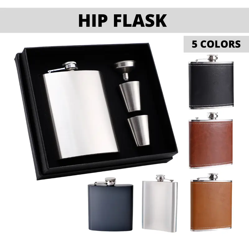 Stainless Steel Hip Flask 8oz Individual/Box Set in 5 Colors