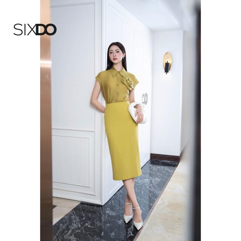 [HN] Áo somi nữ voan tơ vàng chanh ngắn tay SIXDO (Lime 3D Flower Organza Shirt)