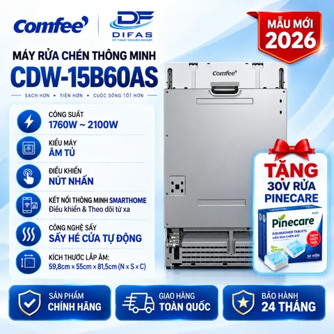 Máy Rửa Chén Comfee CDW-15B60AS 15 Bộ | Máy Rửa Bát Âm Tủ 3 Giàn, 8 Chương Trình, Sấy Hé Cửa Tự Động, Điều Khiển SmartHome