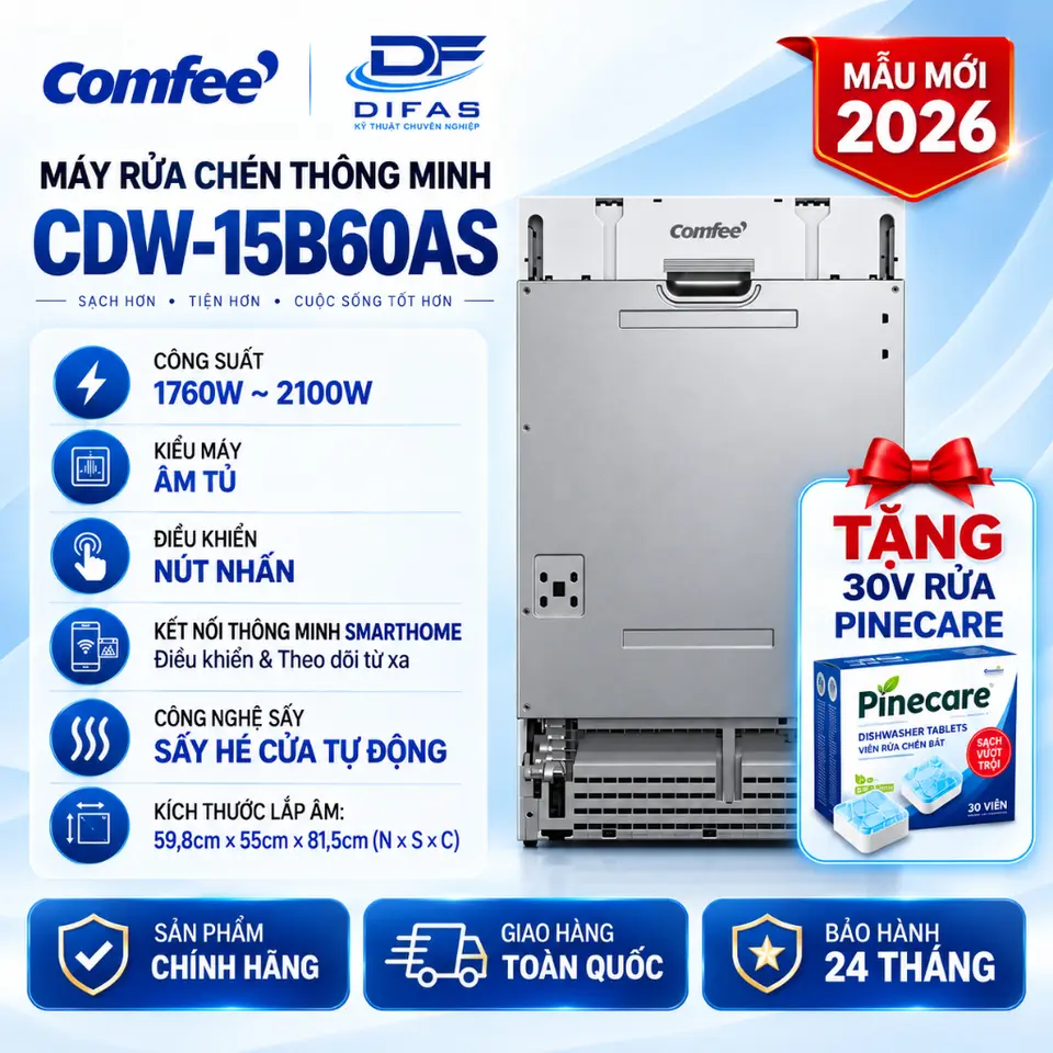 Máy Rửa Chén Comfee CDW-15B60AS 15 Bộ | Máy Rửa Bát Âm Tủ 3 Giàn, 8 Chương Trình, Sấy Hé Cửa Tự Động, Điều Khiển SmartHome