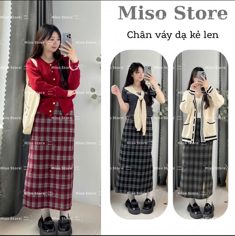    HÀNG L1 - MUA 2 VÁY TĂNG KÈM 1 ĐAI   Chân Váy Cạp Liền Dáng A Chất Vải Dạ Họa Tiết Kẻ Xinh Dễ Phối Đồ Dài 85cm Miso.Store 