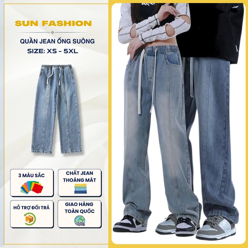 Quần jean nam nữ cạp chun phối line SUN 03 MÀU XANH, form ống rộng mang lại phong cách trẻ trung năng động cá tính Menswear